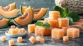 Delicious Cantaloupe Jelly Cubes with Fresh Mint on Dark Background Royalty Free Stock Photo