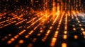 A vibrant display of orange numeric text and symbols flickers against a dark background