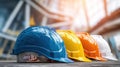 The vibrant display of protective helmets showcasing safety in construction environments. AI generated image Royalty Free Stock Photo