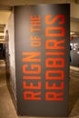 Vibrant display of red lettering at the subway station in the New York Transit Museum. Brooklyn