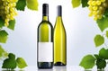 A vibrant display of two sleek wine bottles surrounded by fresh grapevine leaves and clusters