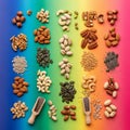 Vibrant display of various nuts and seeds arranged in rows on a rainb Royalty Free Stock Photo