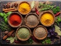 A vibrant display of various spices and herbs arranged in wooden bowls on a rustic table Royalty Free Stock Photo