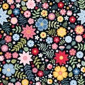 Vibrant ditsy floral seamless pattern with bright summer flowers on dark background. Royalty Free Stock Photo