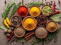 A vibrant and diverse array of spices and herbs displayed on a rustic wooden surface Royalty Free Stock Photo