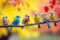 vibrant and diverse birds perched on a branch, creating a lively and harmonious display of nature\'s palette.