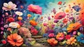 A vibrant and diverse flower garden, bursting with colors and textures, rendered in a whimsical and dreamy style.