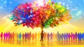 Vibrant diversity: multicolored tree symbolizing unity and inclusion among silhouetted crowd