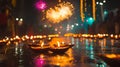 Vibrant Diwali Night Celebration with Illuminated Diyas and Fireworks Royalty Free Stock Photo