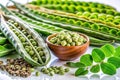 Vibrant Double Exposure of Moringa Seeds and Drumstick Pods A Superfood Celebration on a Stark White Background