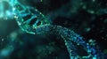 A vibrant double helix structure of DNA floats in an abstract, luminous background filled with shimmering particles and