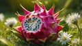 Juicy Pink Dragon Fruit Sliced Open on Grass with White Flowers Royalty Free Stock Photo
