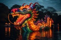 Chinese colorful dragon is floating on top of a body of water or river asian lake