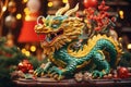 Vibrant Dragon Sculpture Amidst Festive Decorations