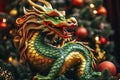 Vibrant Dragon Sculpture Amidst Festive Decorations