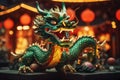 Vibrant Dragon Sculpture Amidst Lantern Lights