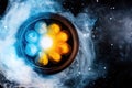 Vibrant dumplings in steaming cosmos with starry mist and colorful light effects Royalty Free Stock Photo