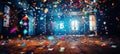 Vibrant and dynamic bokeh background with colorful confetti and celebratory party elements