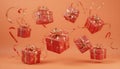 Floating Red Gift Boxes with Gold Ribbons on Orange Background Royalty Free Stock Photo