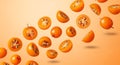 Flying Persimmon Slices and Whole Fruits on Orange Background Royalty Free Stock Photo