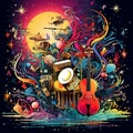 Vibrant and Dynamic Digital Collage of Musical Instruments in Motion