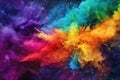 A vibrant and dynamic explosion of colored powder, capturing the motion and energy released during a color festival