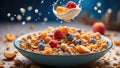 Vibrant and dynamic image that captures the exact moment milk and cereal spill into a bowl full of crunchy cereal and fresh fruits