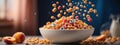 Vibrant and dynamic image that captures the exact moment milk and cereal spill into a bowl full of crunchy cereal and fresh fruits