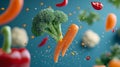 A vibrant and dynamic image of fresh vegetables floating in midair Broccoli carrots peppers and cauliflower create a visually