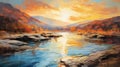 Sunlit River: A Naturalistic Landscape Painting With Golden Light Royalty Free Stock Photo