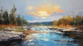 Autumn River Crossing Rocks: A Dynamic Uhd Oil Painting