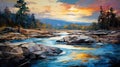 River Rocks: A Stunning Painting In The Style Of Brent Heighton