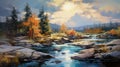 Realistic Oil Painting Of A River With Rocks And Trees