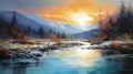 Cyan And Amber Mountain Stream Sunset Painting