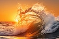 Vibrant and dynamic seascape majestic breaking colorful ocean wave falling down at sunset time Royalty Free Stock Photo