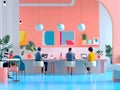 Vibrant and Dynamic Startup Office with Collaborative Team Utilizing Laptops in Minimalist Modern Interior