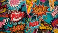 Vibrant and dynamic street art background featuring a chaotic collage of brightly colored comic book sound effects and explosive Royalty Free Stock Photo
