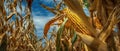 The vibrant ear of corn in a golden cornfield under a blue sky. AI generated image Royalty Free Stock Photo
