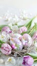 The Vibrant Easter Background with Colorful Eggs and Springtime Floral Elements. Royalty Free Stock Photo