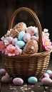 Vibrant Easter Basket Filled with Assorted Treats on Wooden Floor