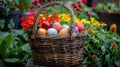 A vibrant Easter basket overflows with colorful eggs, nestled among fresh spring flowers Royalty Free Stock Photo