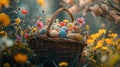 A vibrant Easter basket overflows with colorful eggs, nestled among fresh spring flowers Royalty Free Stock Photo