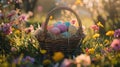 A vibrant Easter basket overflows with colorful eggs, nestled among fresh spring flowers Royalty Free Stock Photo