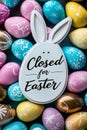 Easter candy background featuring bunny cutout and 'closed for easter' message over colorful eggs Royalty Free Stock Photo