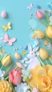 The Vibrant Easter Celebration Background with Colorful Eggs and Spring Flowers. Royalty Free Stock Photo