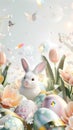 The Vibrant Easter Celebration Background with Colorful Eggs and Spring Flowers. Royalty Free Stock Photo