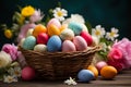 Vibrant Easter Delight: Colorful Eggs in Wicker Basket Royalty Free Stock Photo