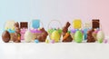 A colorful Easter display with chocolate bunnies and eggs in baskets Royalty Free Stock Photo