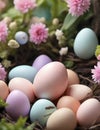 A vibrant Easter egg hunt in a lush, blooming garden with pastel-colored eggs hidden among the flowers