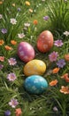 Vibrant Easter eggs adorned with fresh blooms nestled in spring grass , bloom, floral design Royalty Free Stock Photo